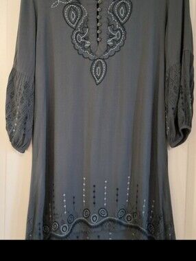 Women's "Monoreno" Grayish Blue Embroidered Tunic Dress 3/4 Sleeves Size Medium